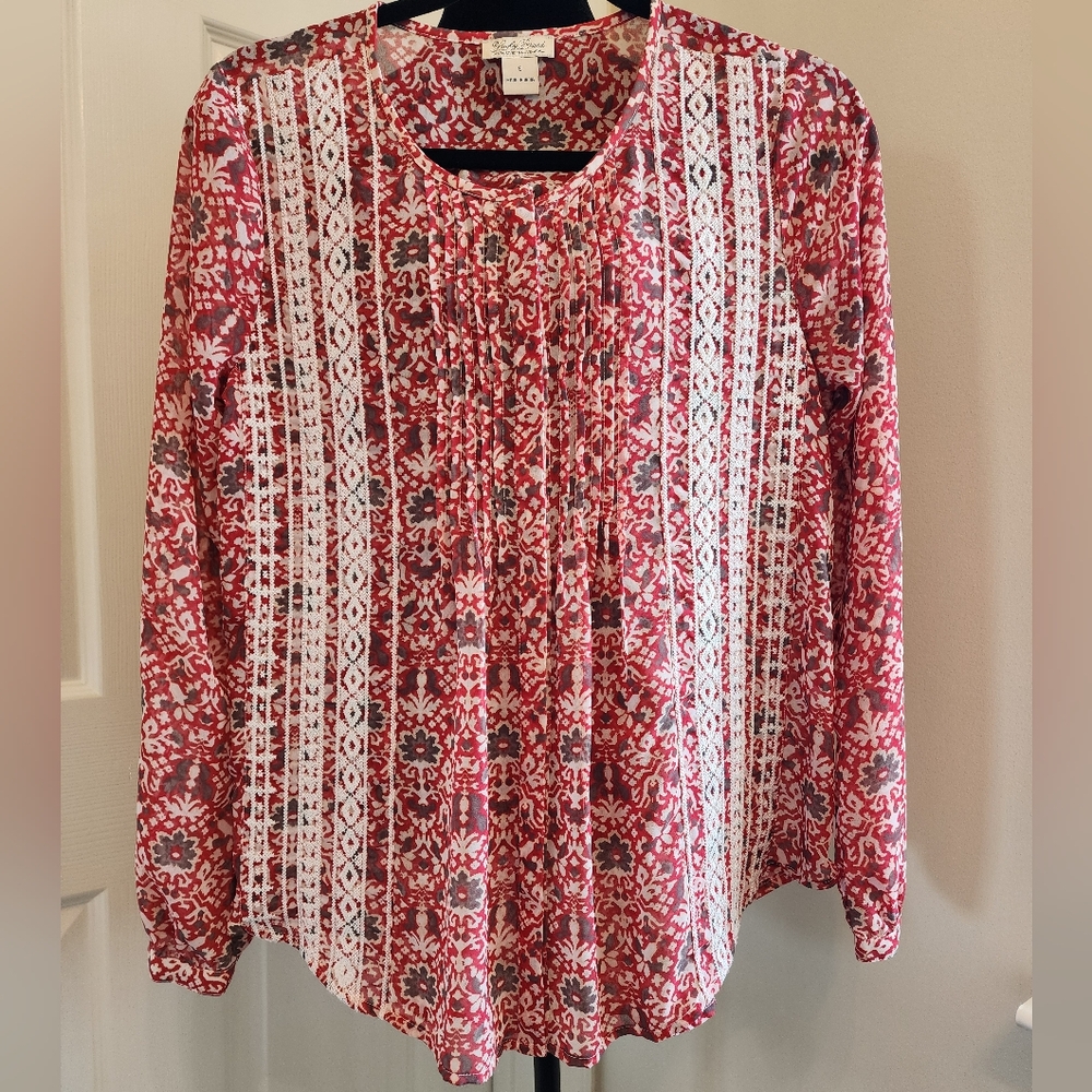 Women's Top, Lucky Brand Red and White Pleated Long Sleeve Blouse, Size Small